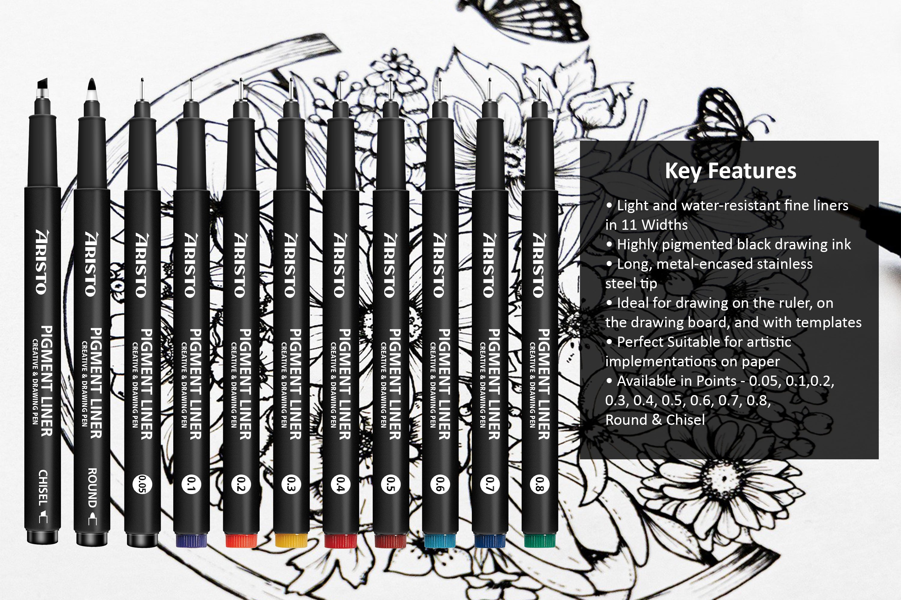 Aristo | Pigment Liner | 0.05, 0.1, 0.2, 0.3, 0.5, 0.8mm | Set of 6 pens