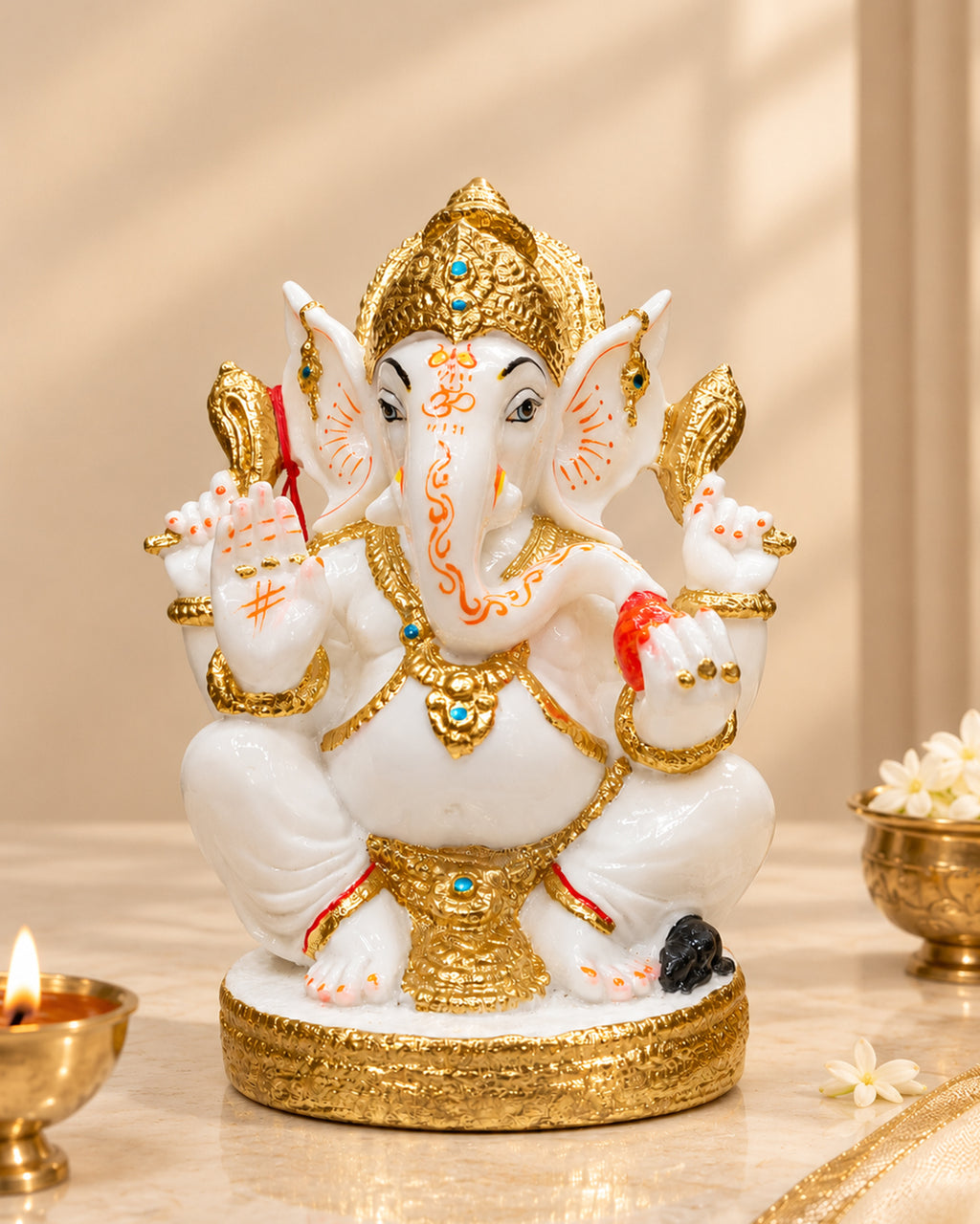 White & Gold Fiber Ganesha Statue – Lord Ganesh Idol for Home Décor