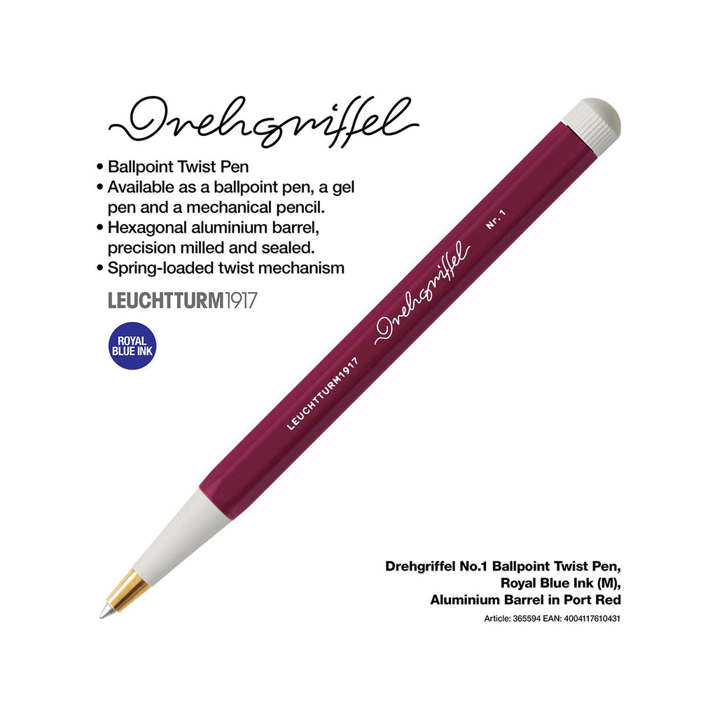 LEUCHTTURM1917 Ball Point Pen with Royal Blue Ink | Drehgriffel No. 1 | Port Red | Twist Mechanism