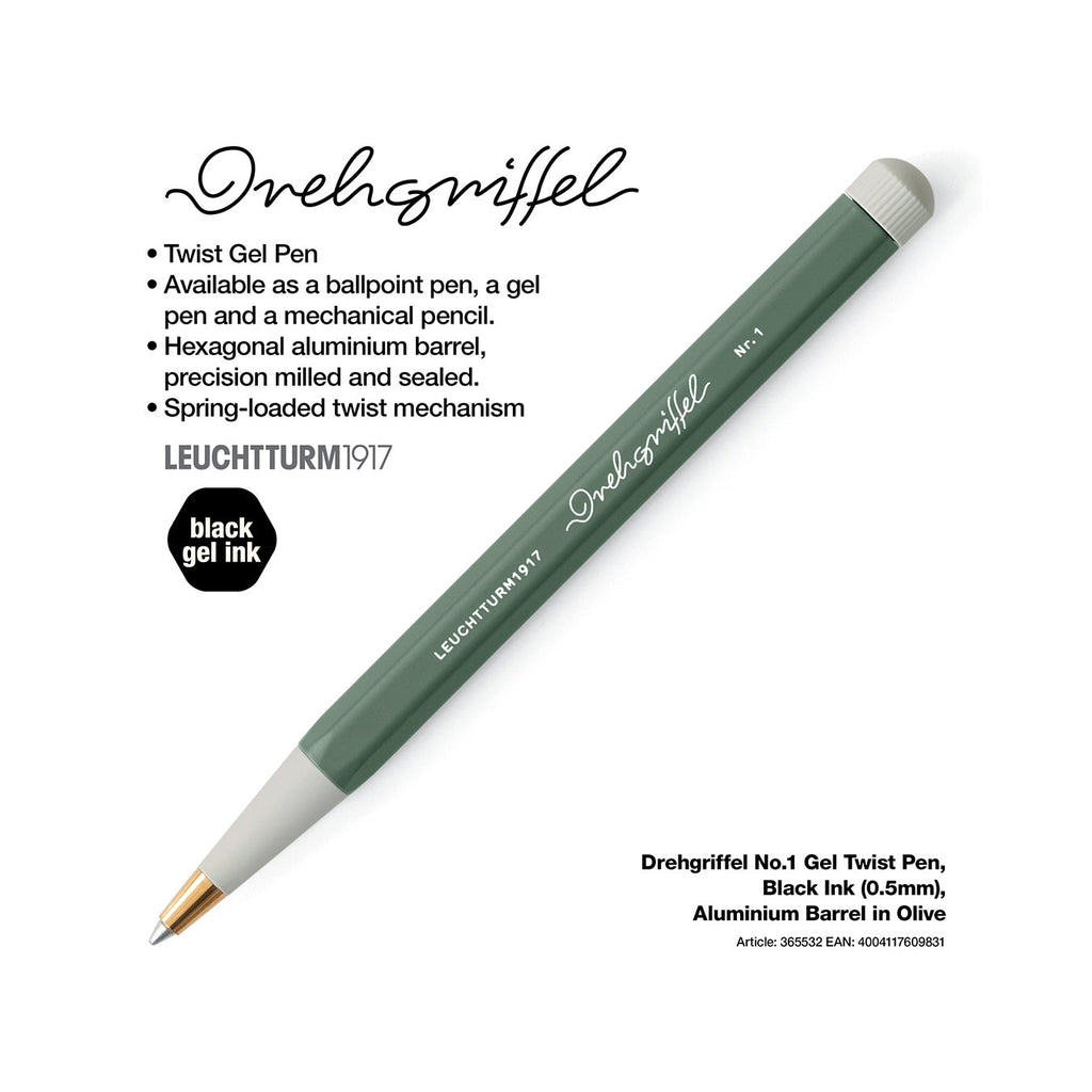 LEUCHTTURM1917 Gel Pen with Document Proof Black Ink | Drehgriffel No. 1 | Olive Green| Twist Mechanism
