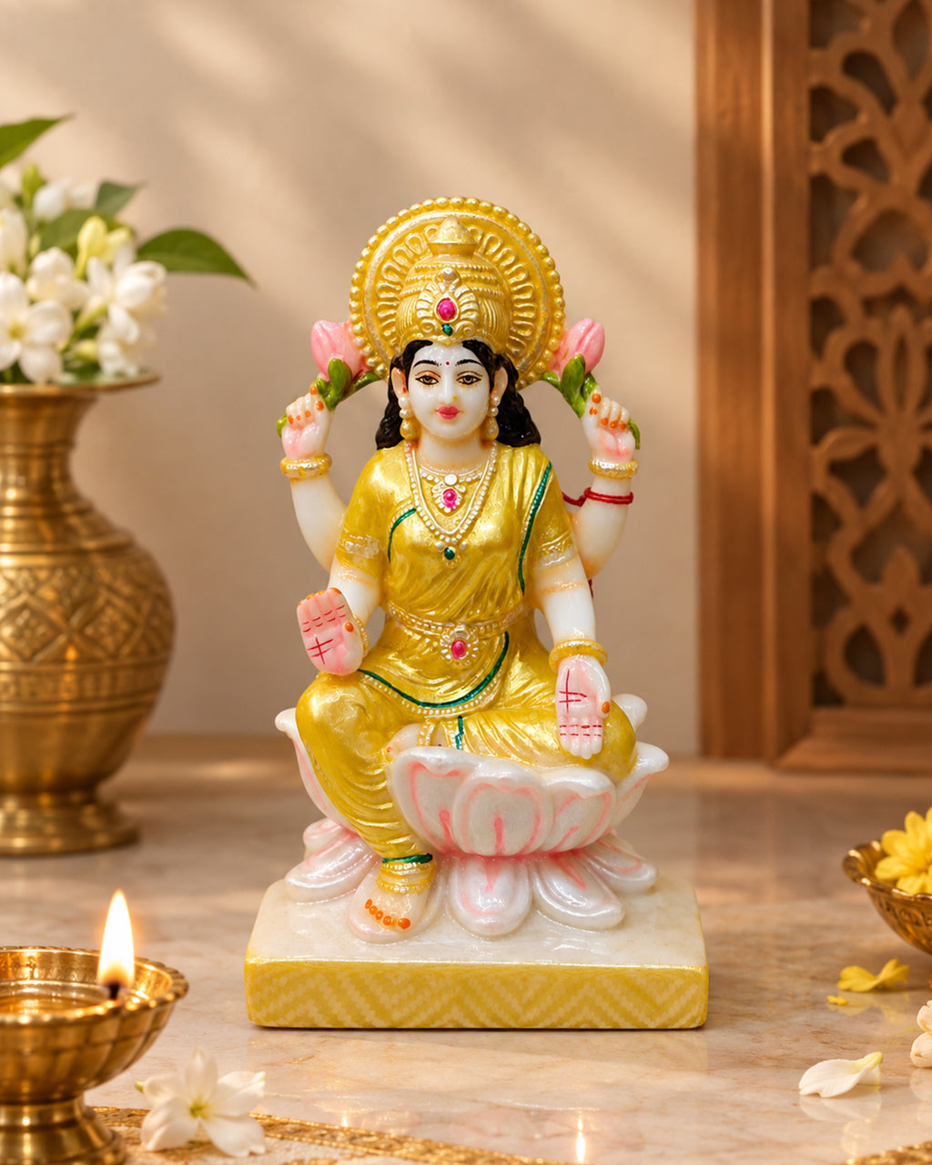 Goddess Lakshmi on Lotus with Kalash – Colorful Fiber Statue for Pooja