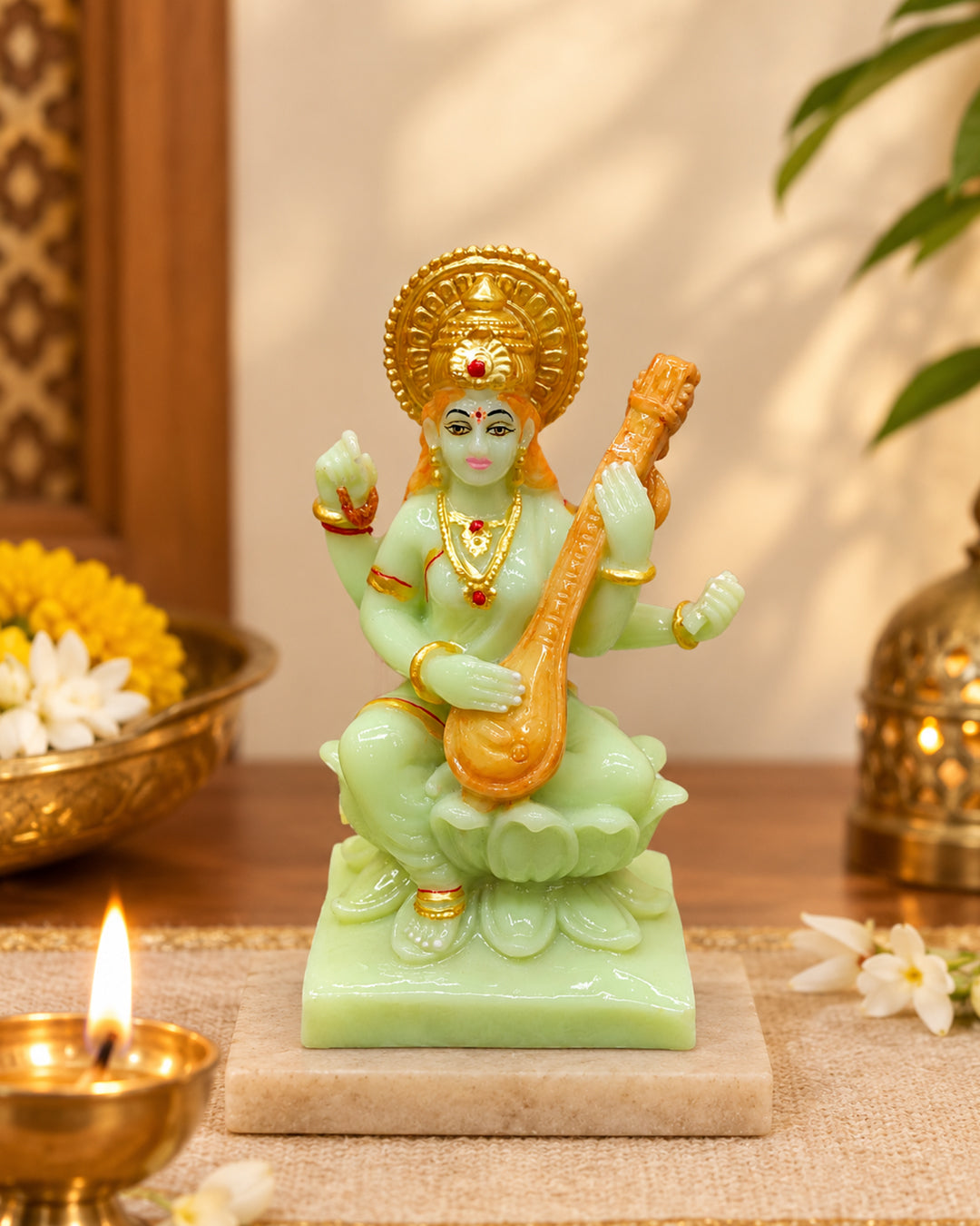 Goddess Saraswati on Lotus with Veena – Green Fiber Statue