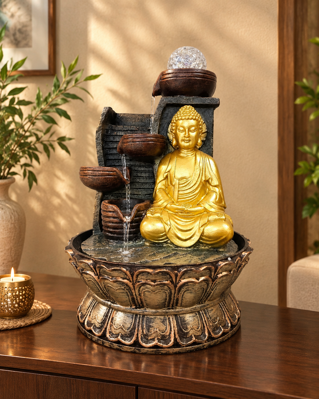 Gold Buddha Lotus Water Fountain with LED Crystal Ball