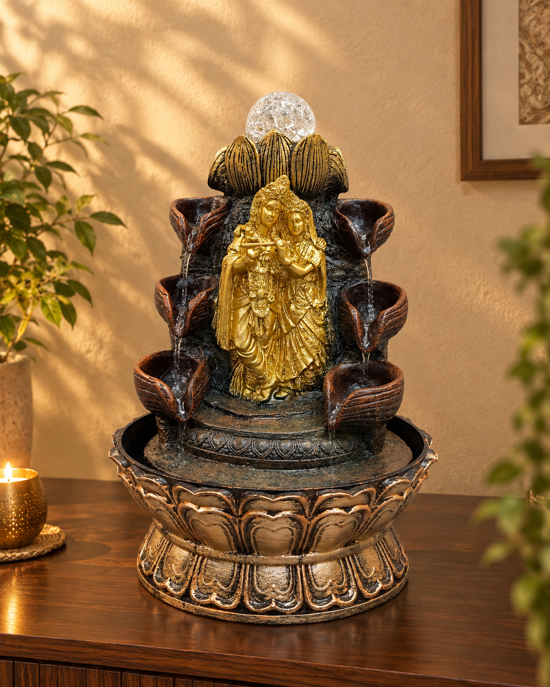 Radha Krishna Water Fountain with LED Crystal Ball – Lotus Base