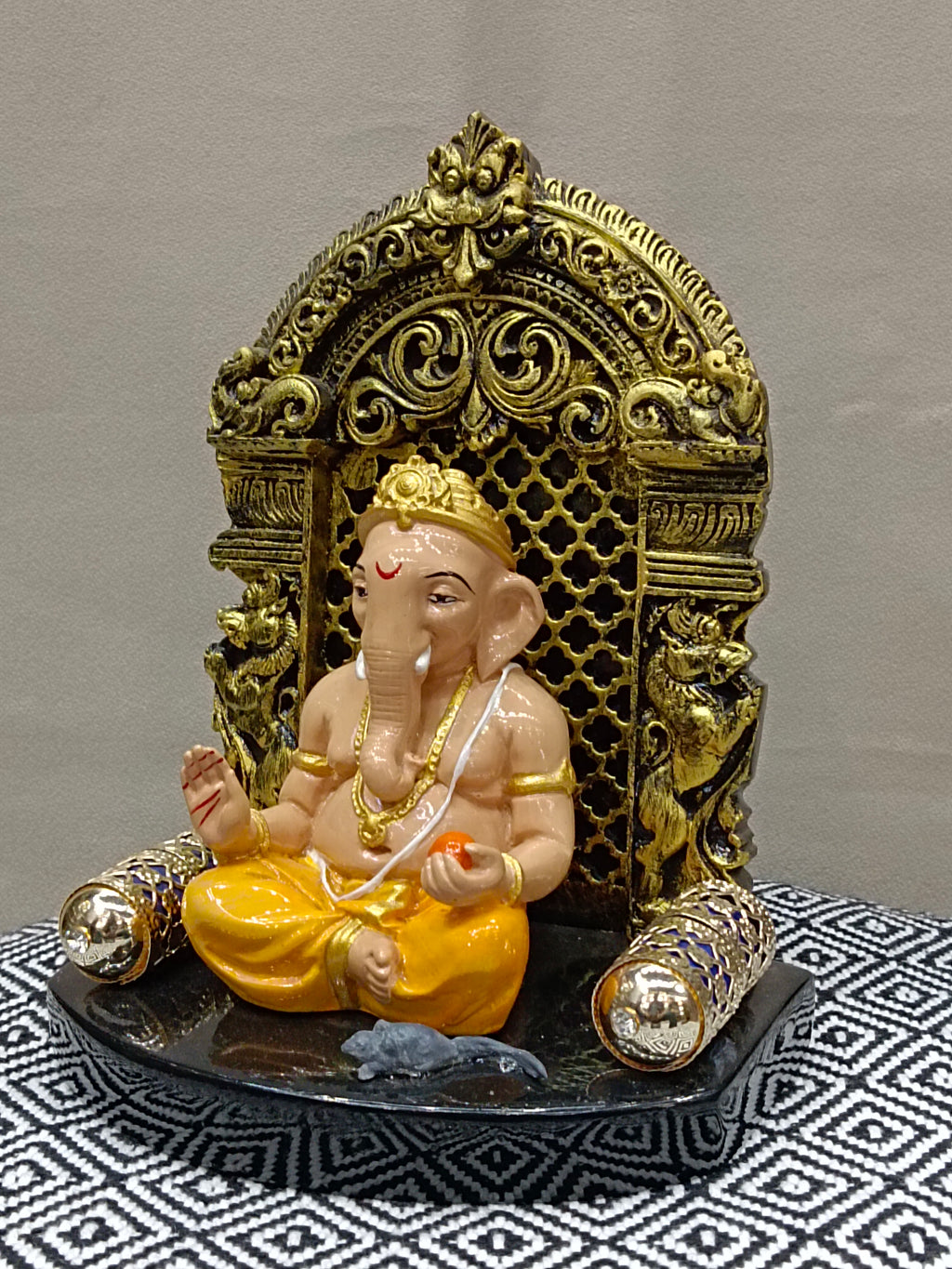 Decorative Fiber Ganesha Statue with Ornate Prabhavali – Lord Ganesh Idol