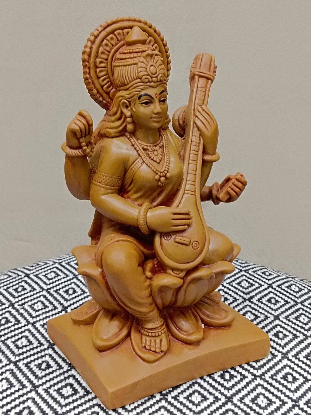 Goddess Saraswati on Lotus with Veena – Traditional Fiber Statue