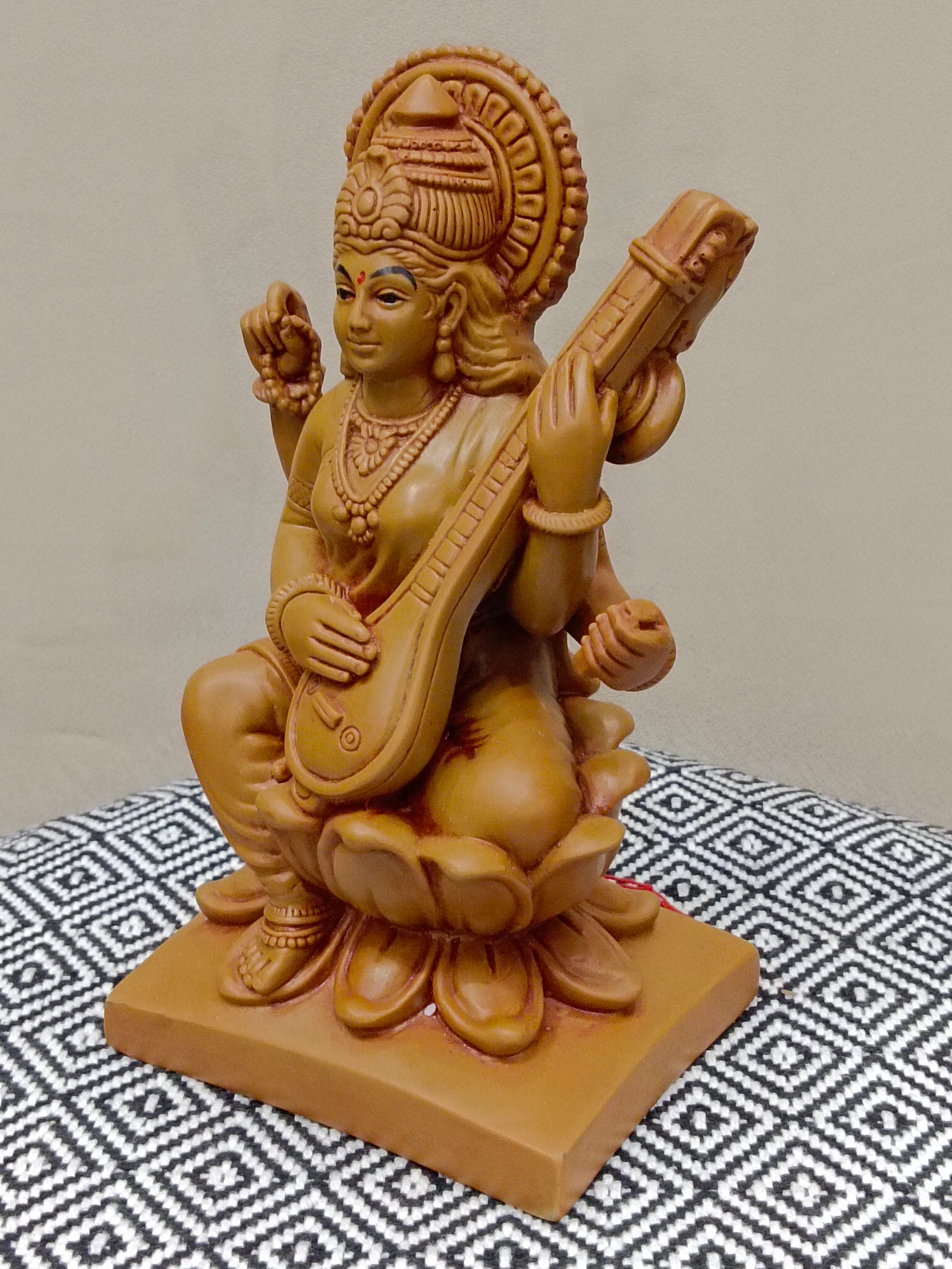 Goddess Saraswati on Lotus with Veena – Traditional Fiber Statue