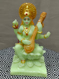 Goddess Saraswati on Lotus with Veena – Green Fiber Statue
