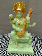 Goddess Saraswati on Lotus with Veena – Green Fiber Statue