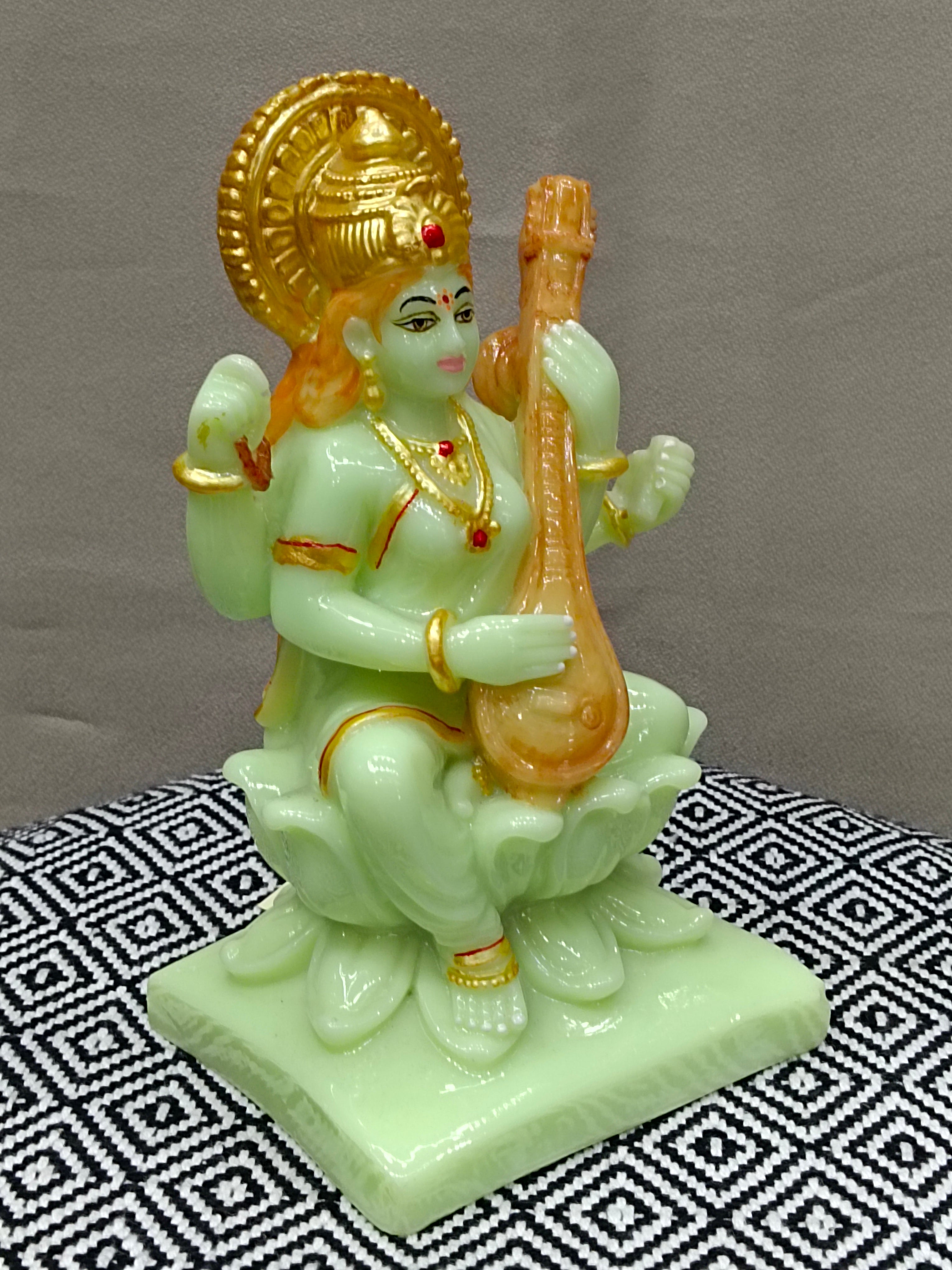 Goddess Saraswati on Lotus with Veena – Green Fiber Statue