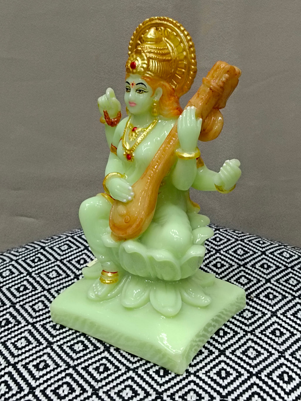 Goddess Saraswati on Lotus with Veena – Green Fiber Statue