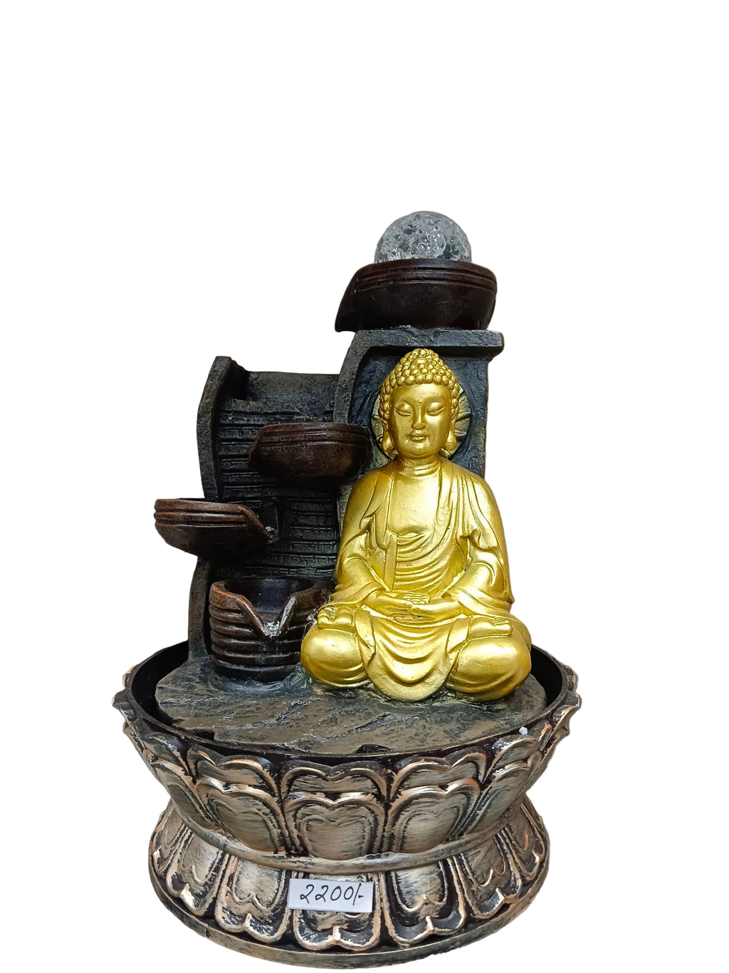 Gold Buddha Lotus Water Fountain with LED Crystal Ball