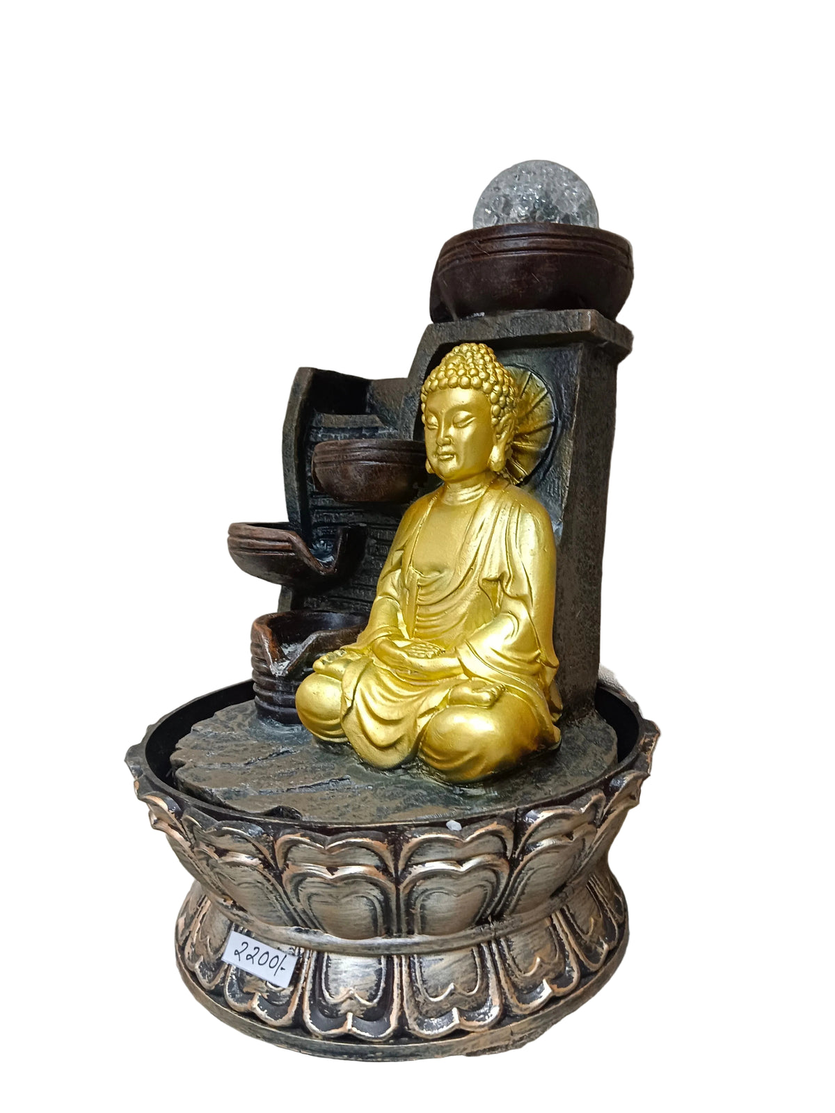 Gold Buddha Lotus Water Fountain with LED Crystal Ball