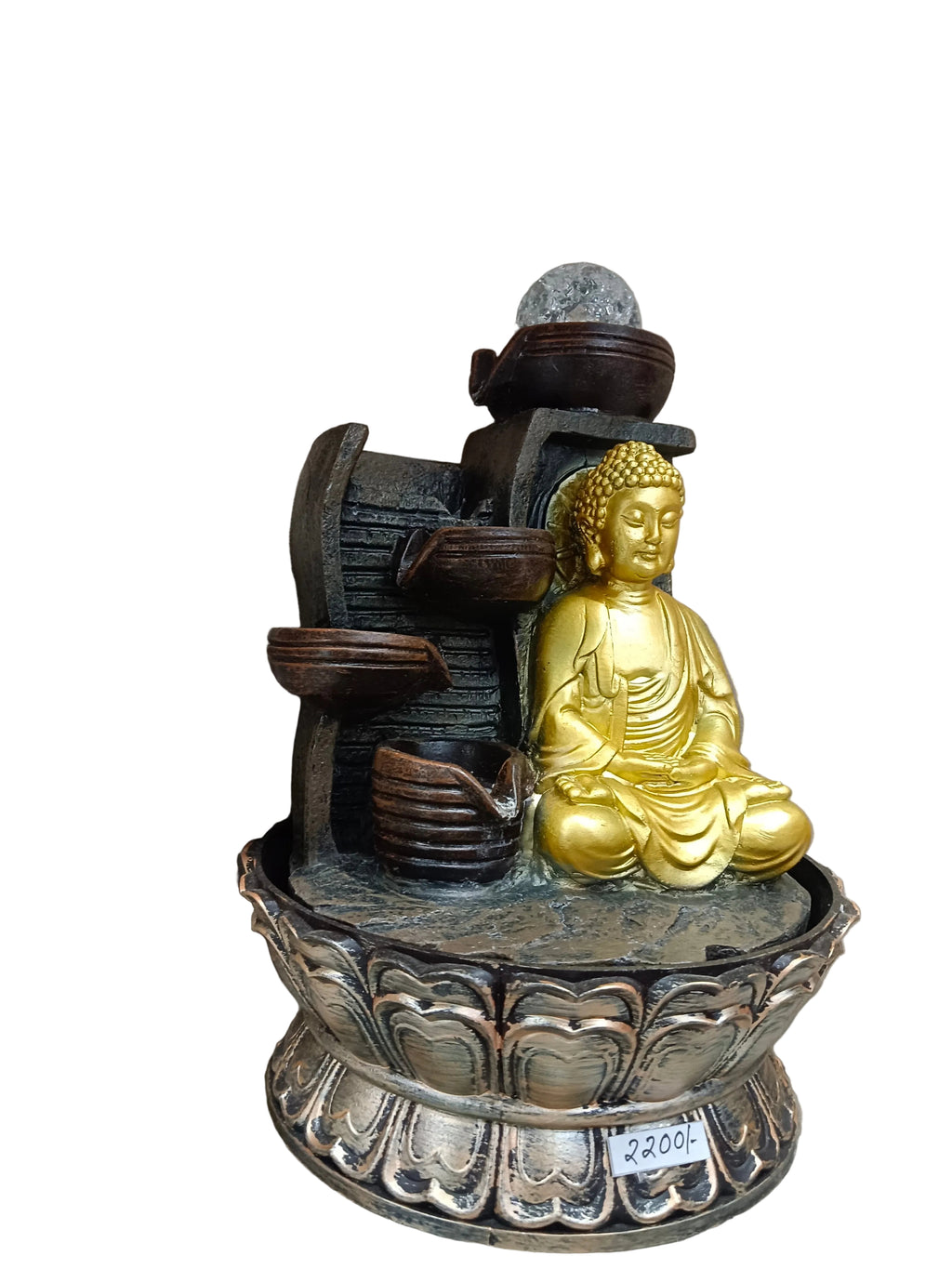 Gold Buddha Lotus Water Fountain with LED Crystal Ball