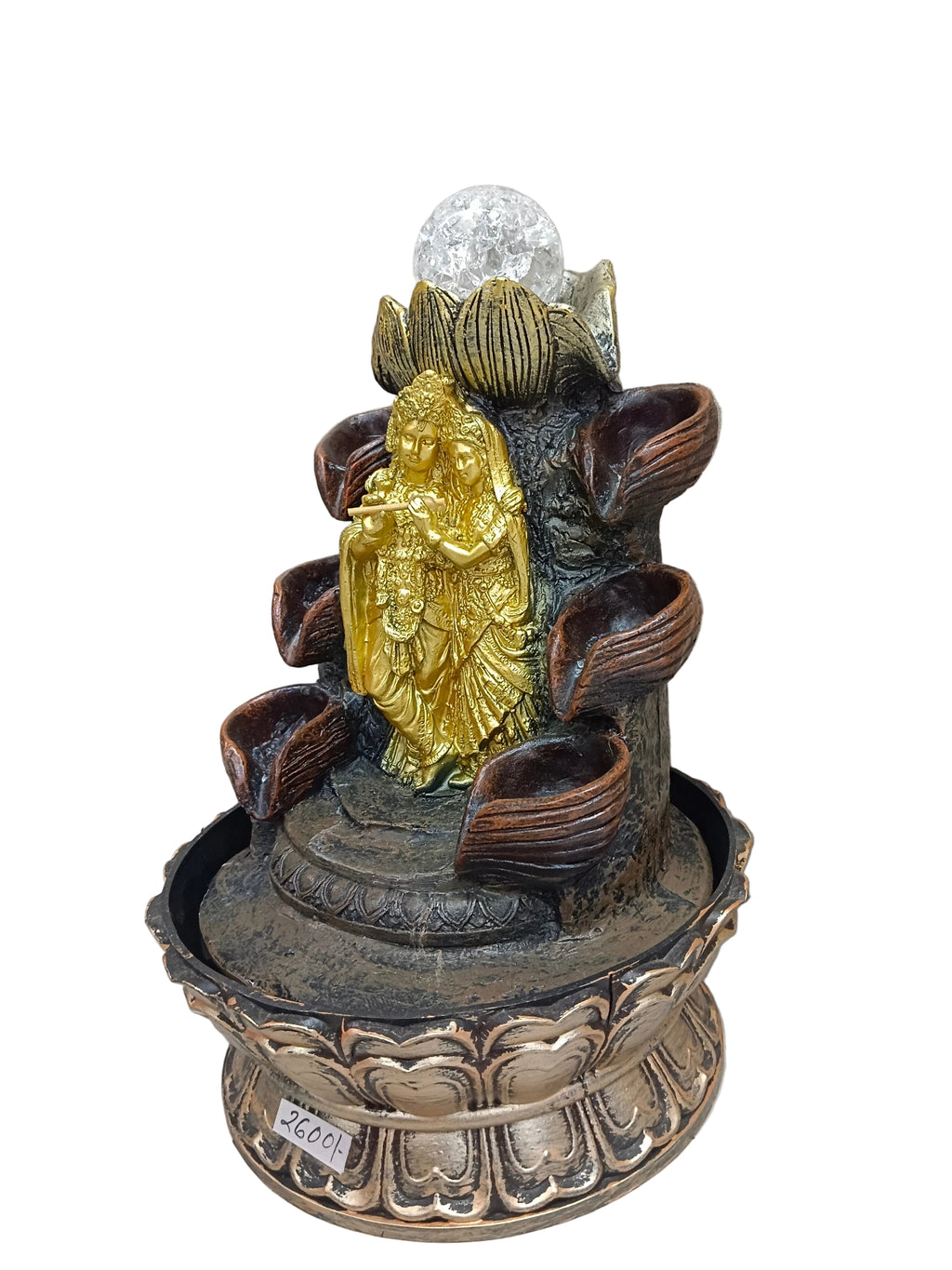 Radha Krishna Water Fountain with LED Crystal Ball – Lotus Base