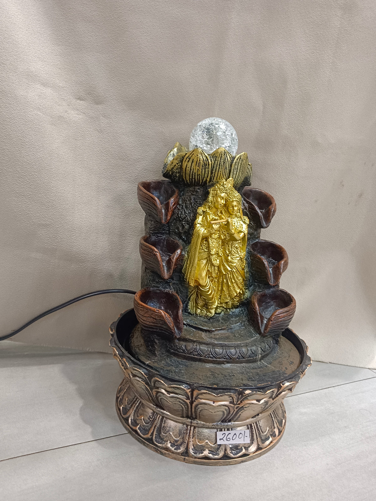 Radha Krishna Water Fountain with LED Crystal Ball – Lotus Base