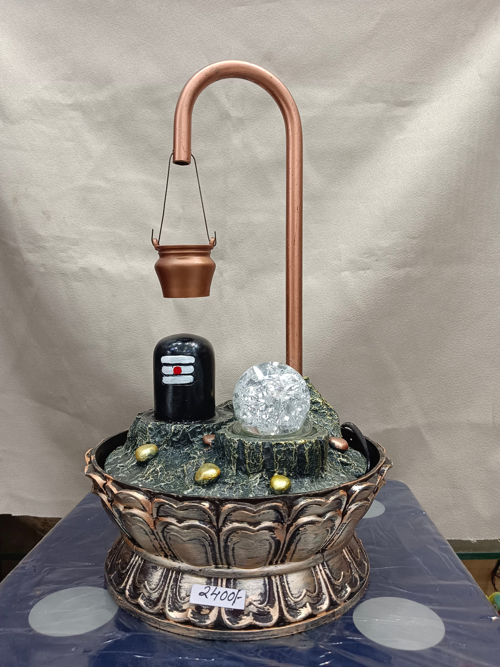 Shivling Water Fountain with LED Crystal Ball – Lotus Base