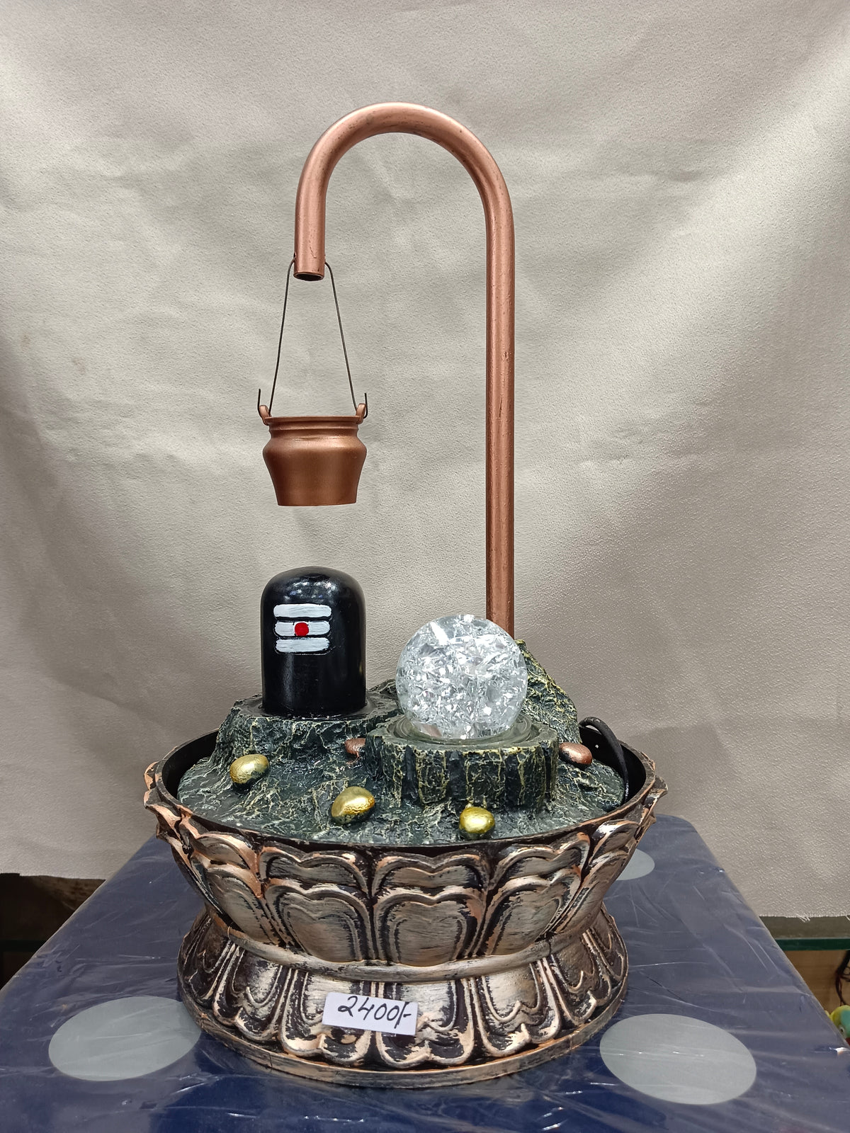 Shivling Water Fountain with LED Crystal Ball – Lotus Base