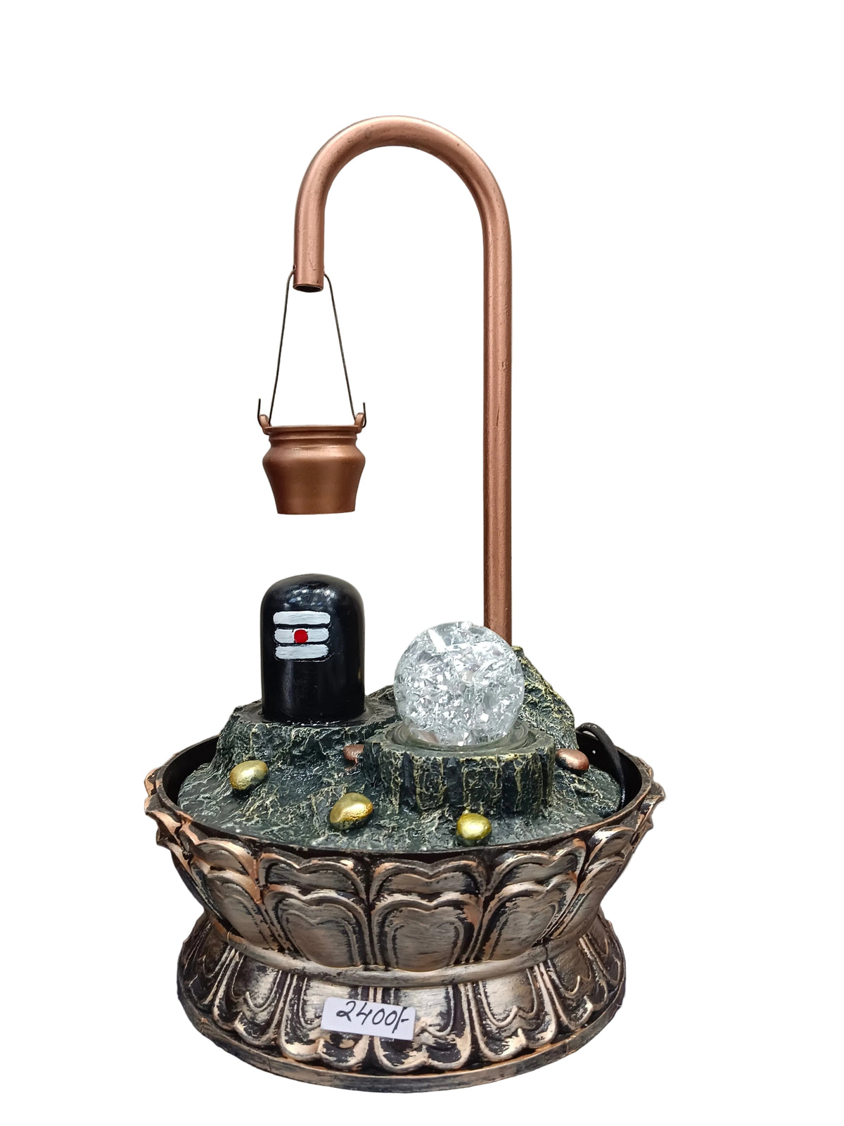 Shivling Water Fountain with LED Crystal Ball – Lotus Base