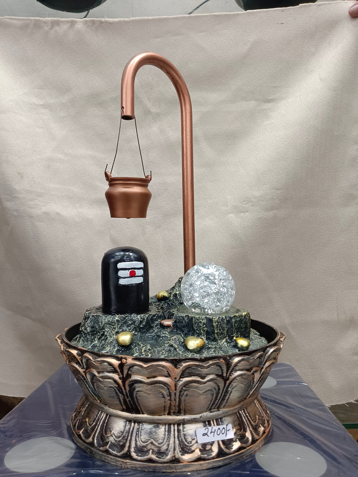 Shivling Water Fountain with LED Crystal Ball – Lotus Base
