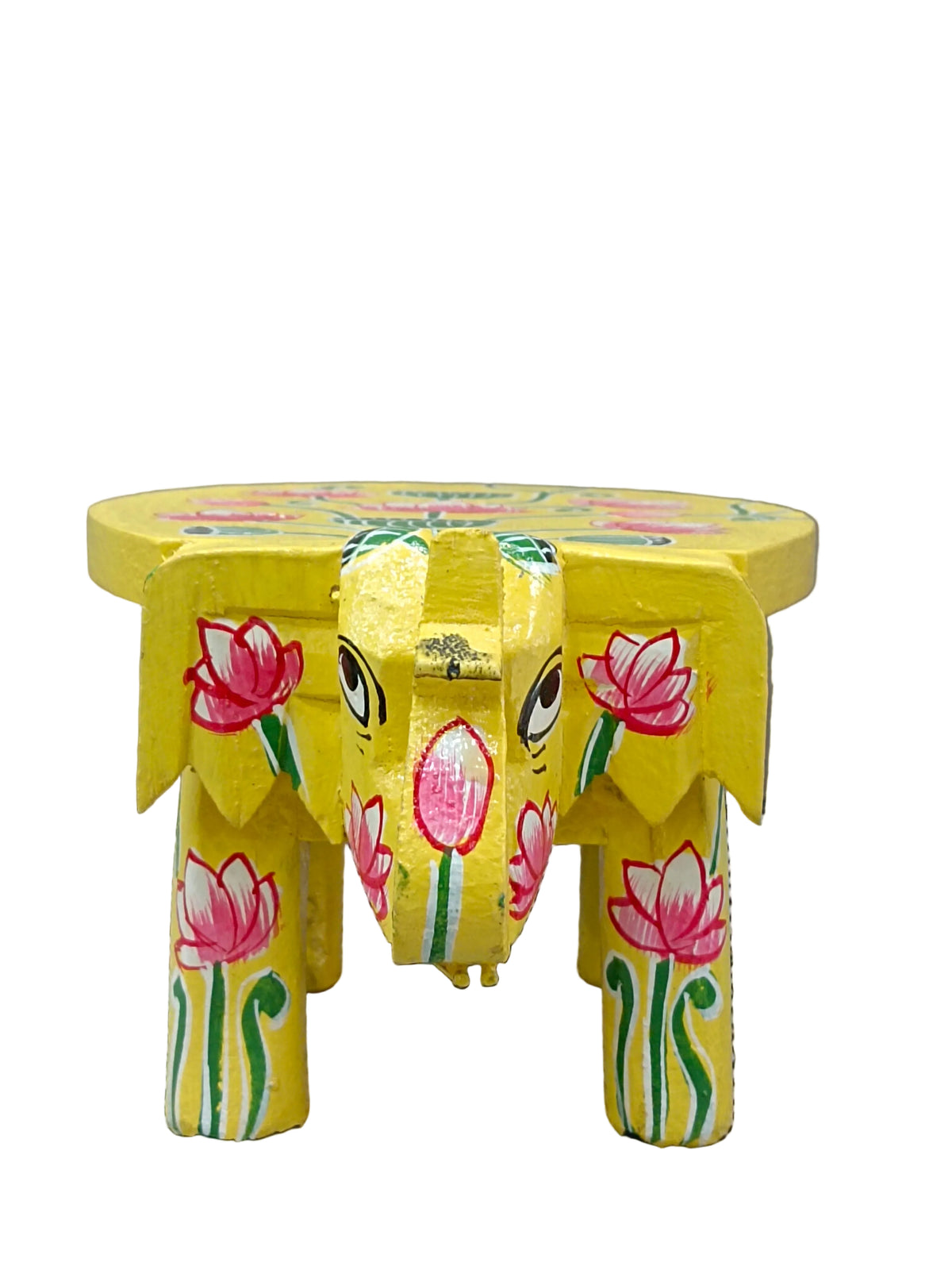 Hand-Painted Elephant Wooden Stand – Yellow Lotus Design