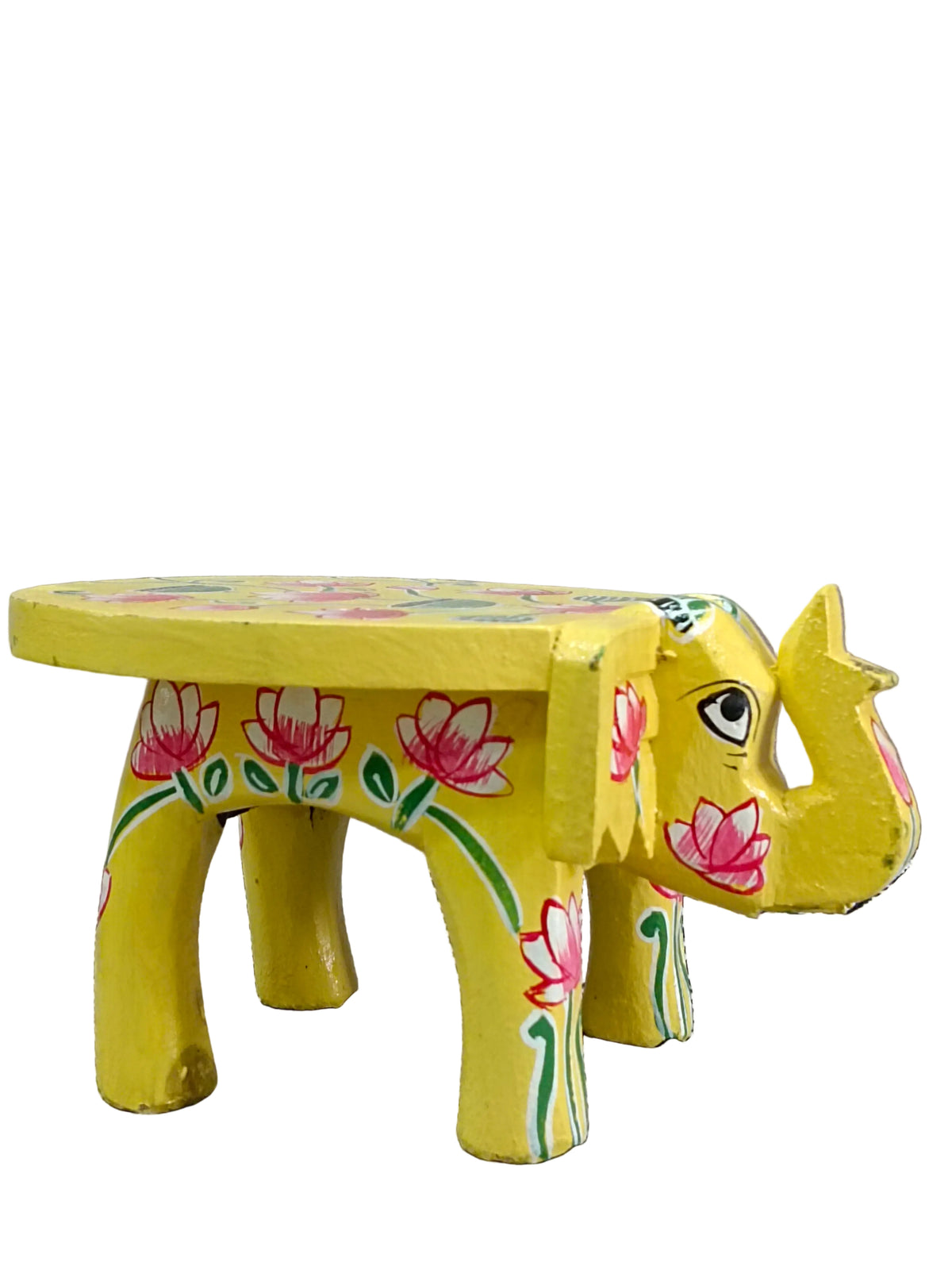 Hand-Painted Elephant Wooden Stand – Yellow Lotus Design