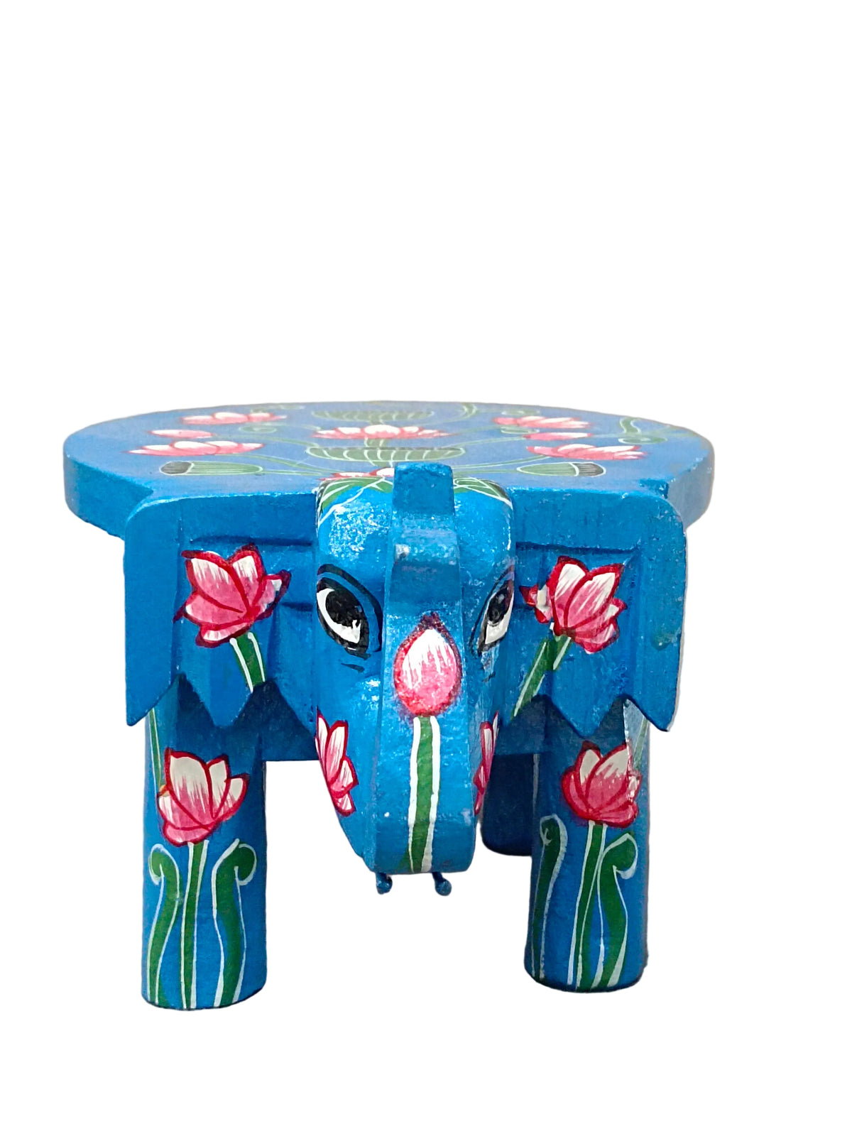 Hand-Painted Elephant Wooden Stand – Blue Lotus Design