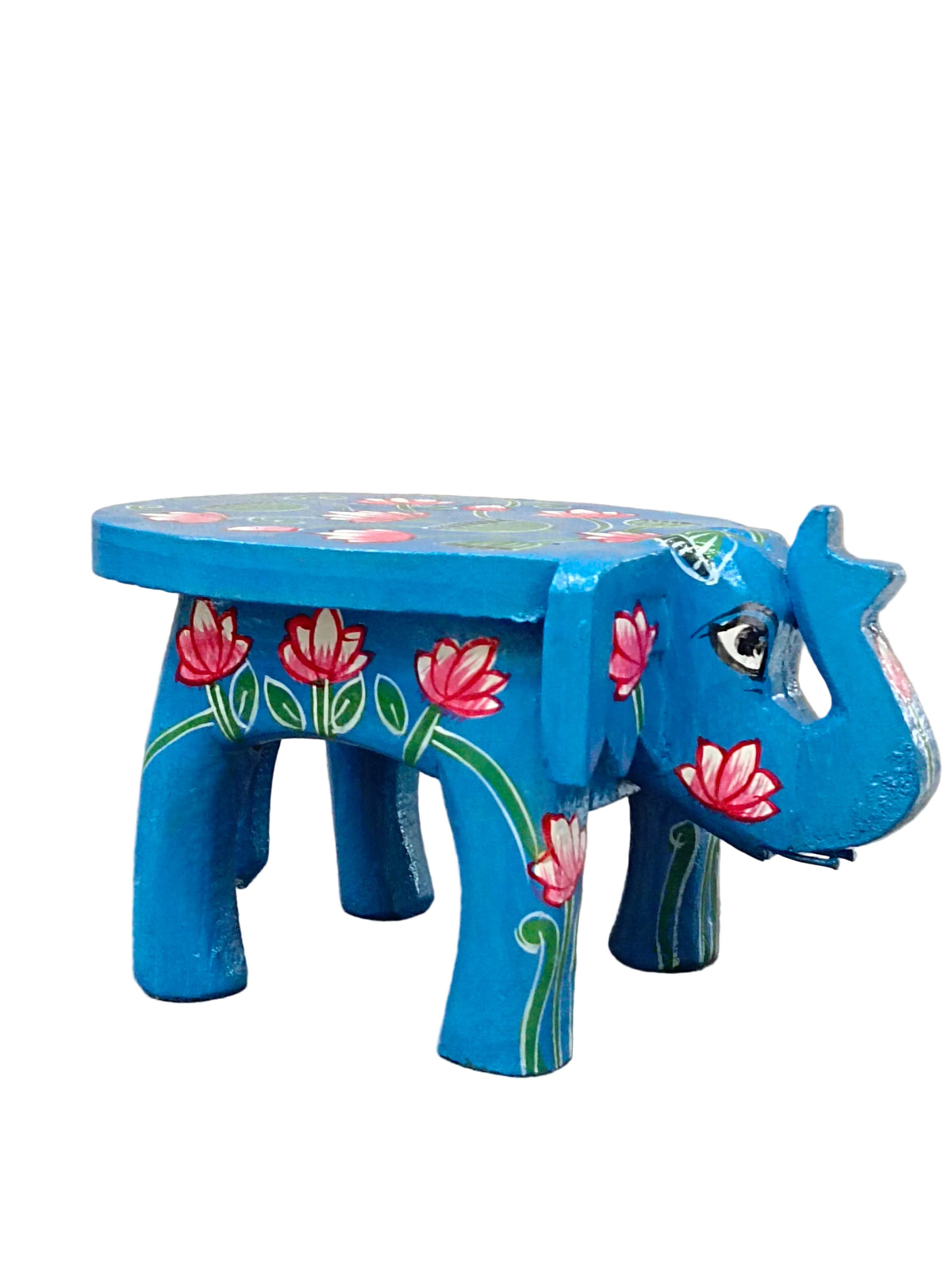 Hand-Painted Elephant Wooden Stand – Blue Lotus Design