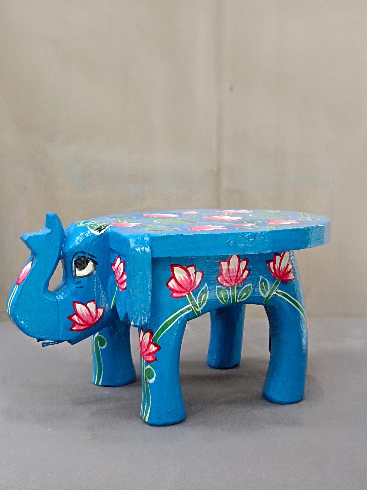 Hand-Painted Elephant Wooden Stand – Blue Lotus Design
