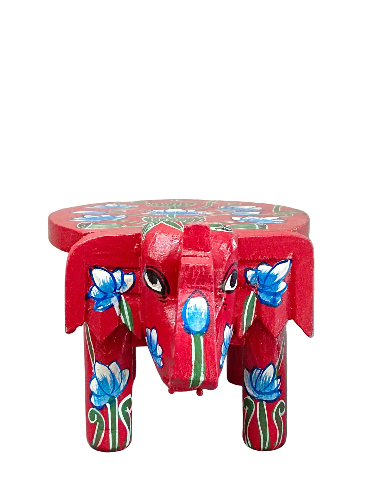 Hand-Painted Elephant Wooden Stand – Red with Blue Lotus