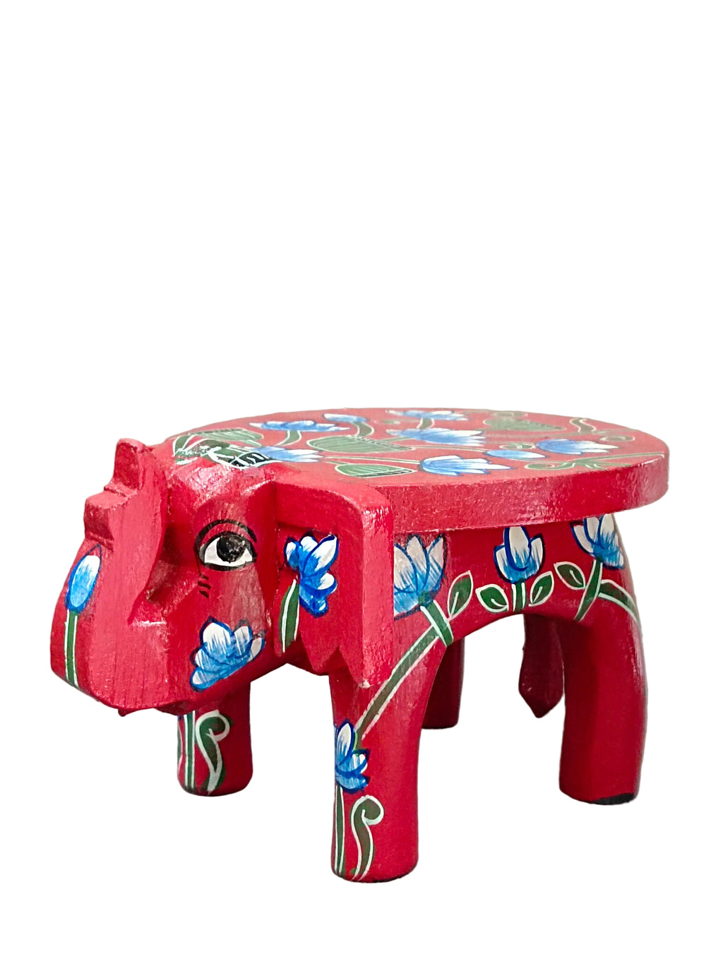 Hand-Painted Elephant Wooden Stand – Red with Blue Lotus