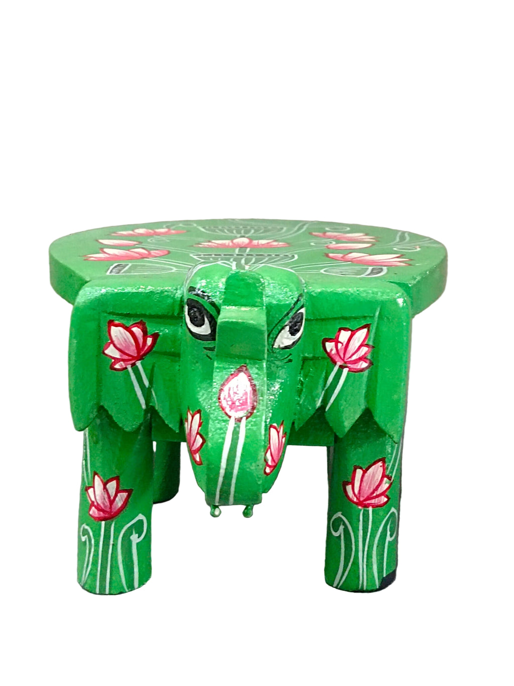 Hand-Painted Elephant Wooden Stand – Green Lotus Design