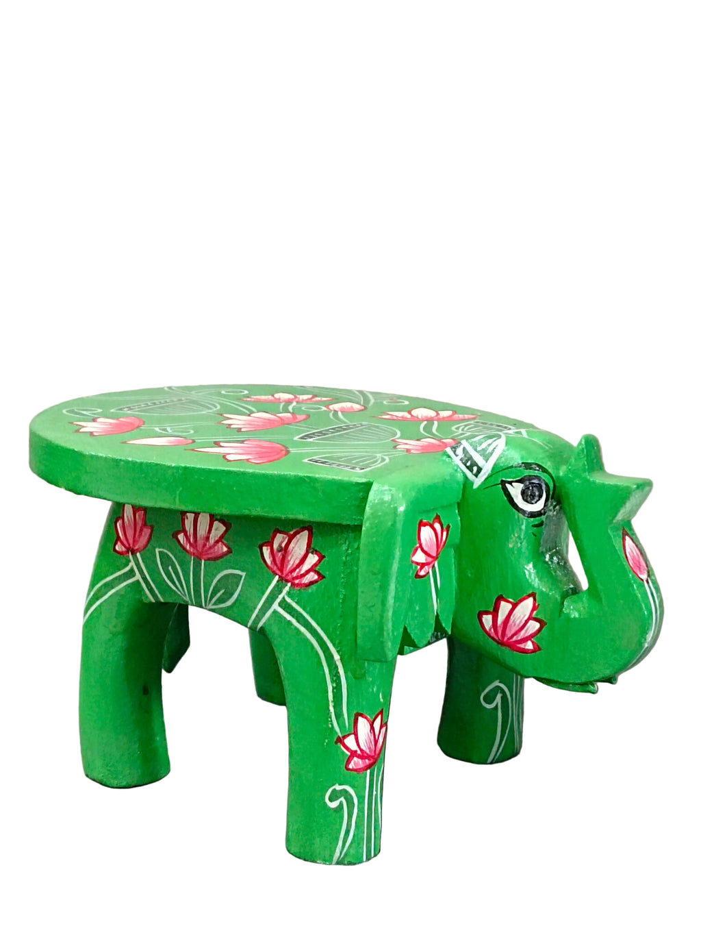 Hand-Painted Elephant Wooden Stand – Green Lotus Design