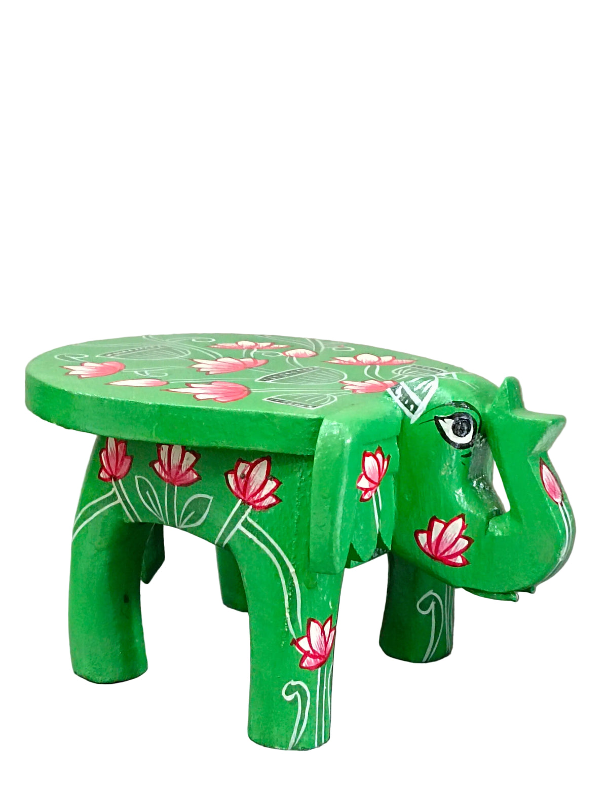 Hand-Painted Elephant Wooden Stand – Green Lotus Design
