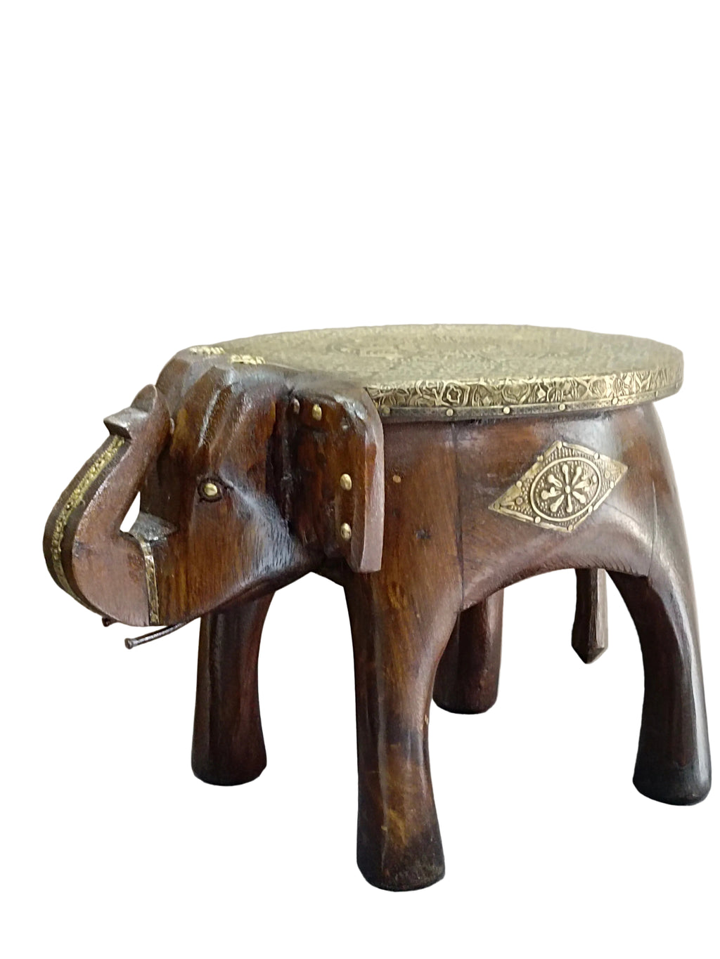Wooden Elephant Stool with Brass Work – Walnut Finish 8 Inch