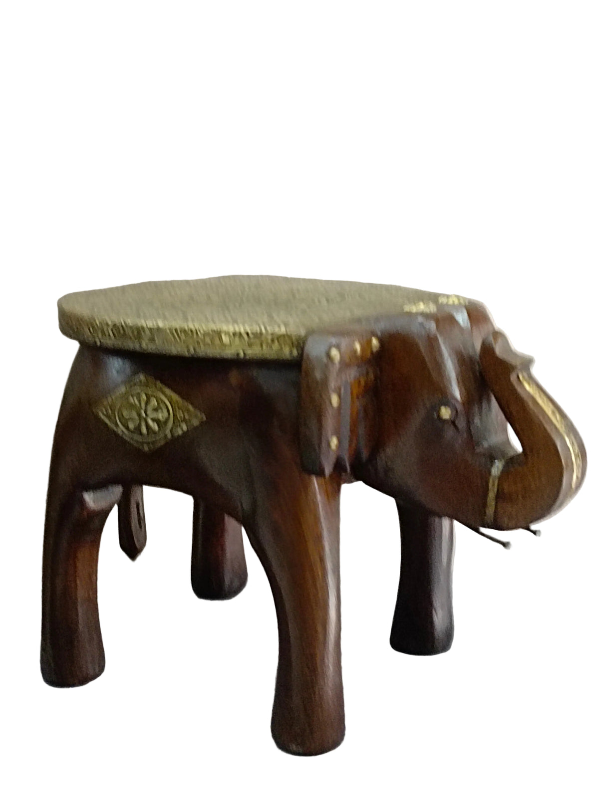 Wooden Elephant Stool with Brass Work – Walnut Finish 8 Inch