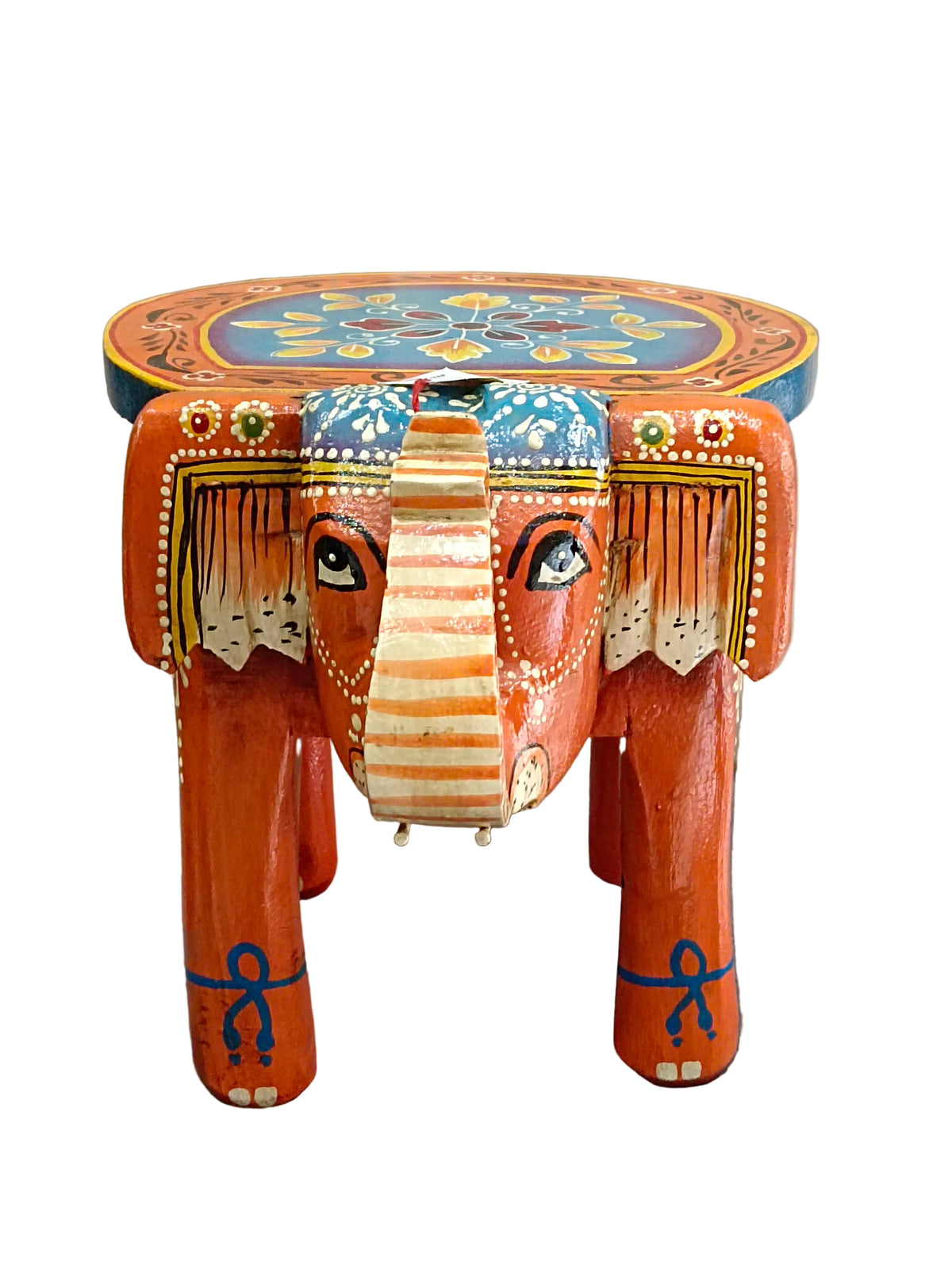 Rajasthani Hand-Painted Elephant Wooden Stand – Orange & Blue