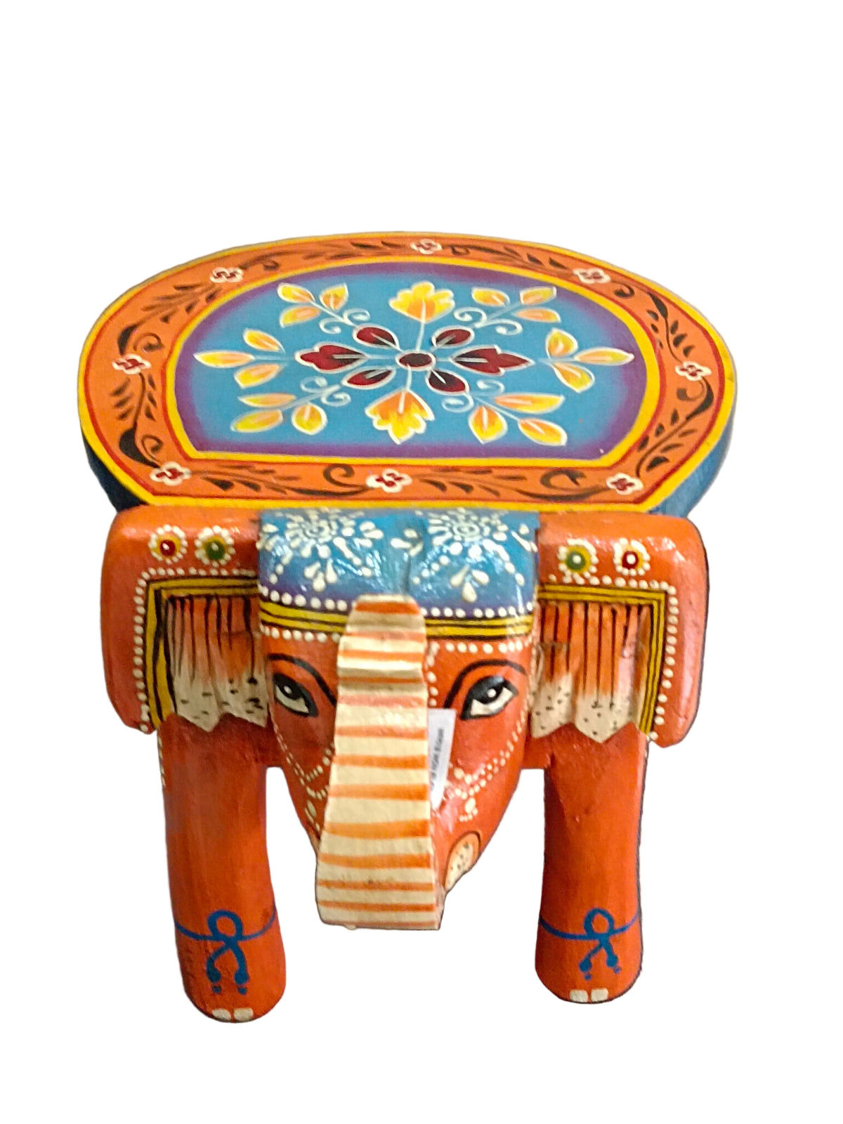 Rajasthani Hand-Painted Elephant Wooden Stand – Orange & Blue