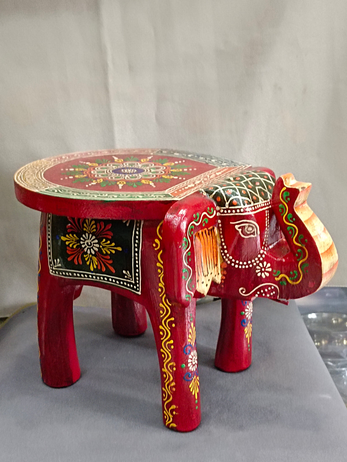 Rajasthani Hand-Painted Elephant Stand 8 Inch – Red Mandala