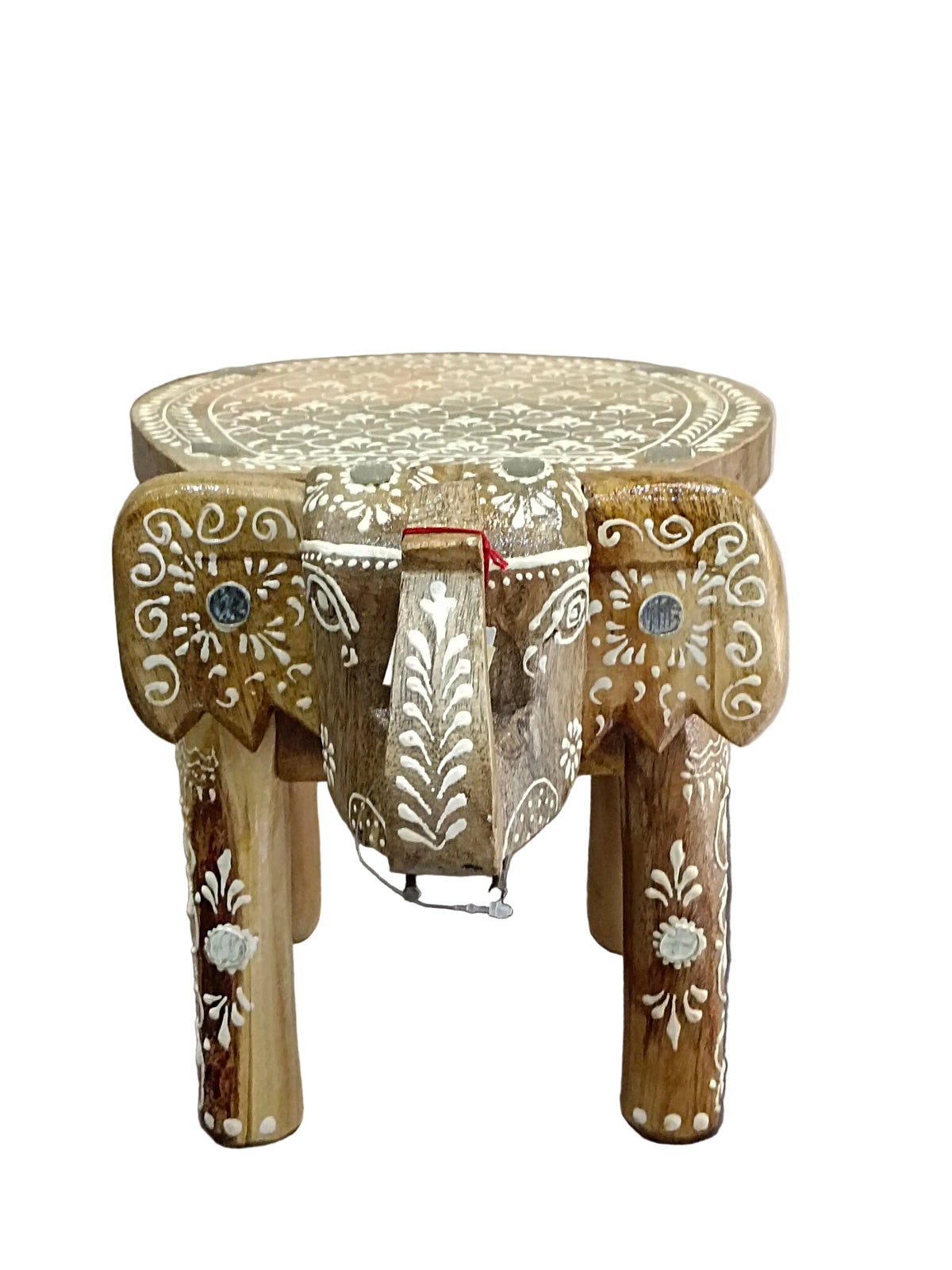Natural Wood Elephant Stand 8 Inch – White Hand-Painted Art