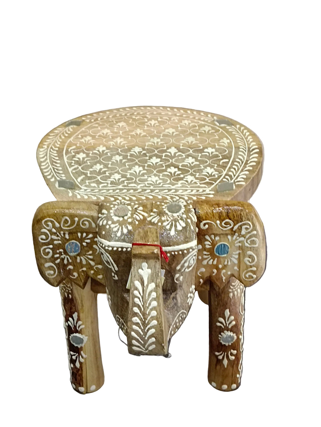 Natural Wood Elephant Stand 8 Inch – White Hand-Painted Art