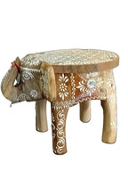 Natural Wood Elephant Stand 8 Inch – White Hand-Painted Art