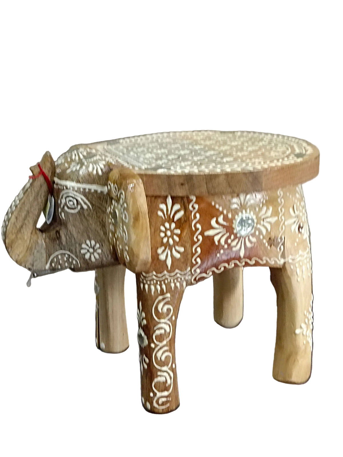 Natural Wood Elephant Stand 8 Inch – White Hand-Painted Art