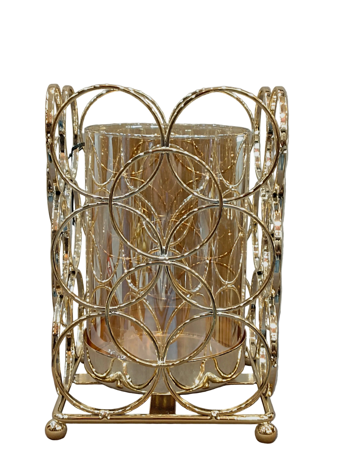 Tall Gold Circle Lattice Candle Holder with Glass Hurricane