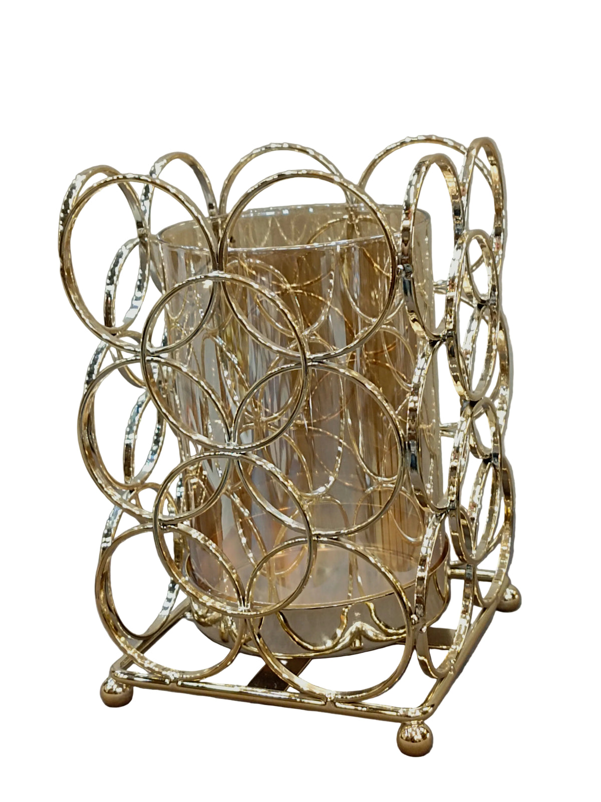 Tall Gold Circle Lattice Candle Holder with Glass Hurricane