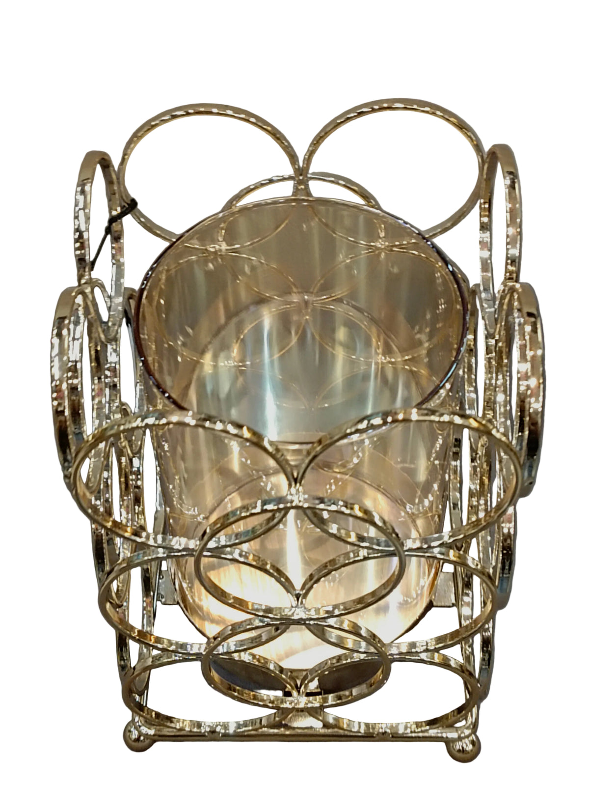 Tall Gold Circle Lattice Candle Holder with Glass Hurricane
