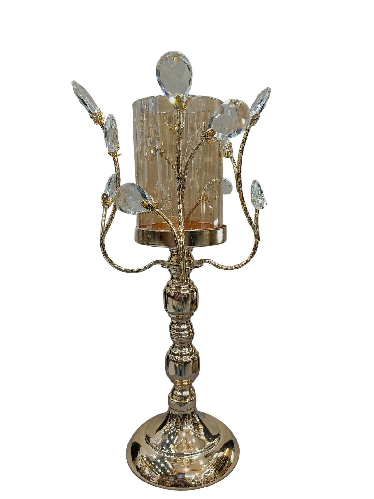 Gold Crystal Branch Pillar Candle Stand with Glass Hurricane