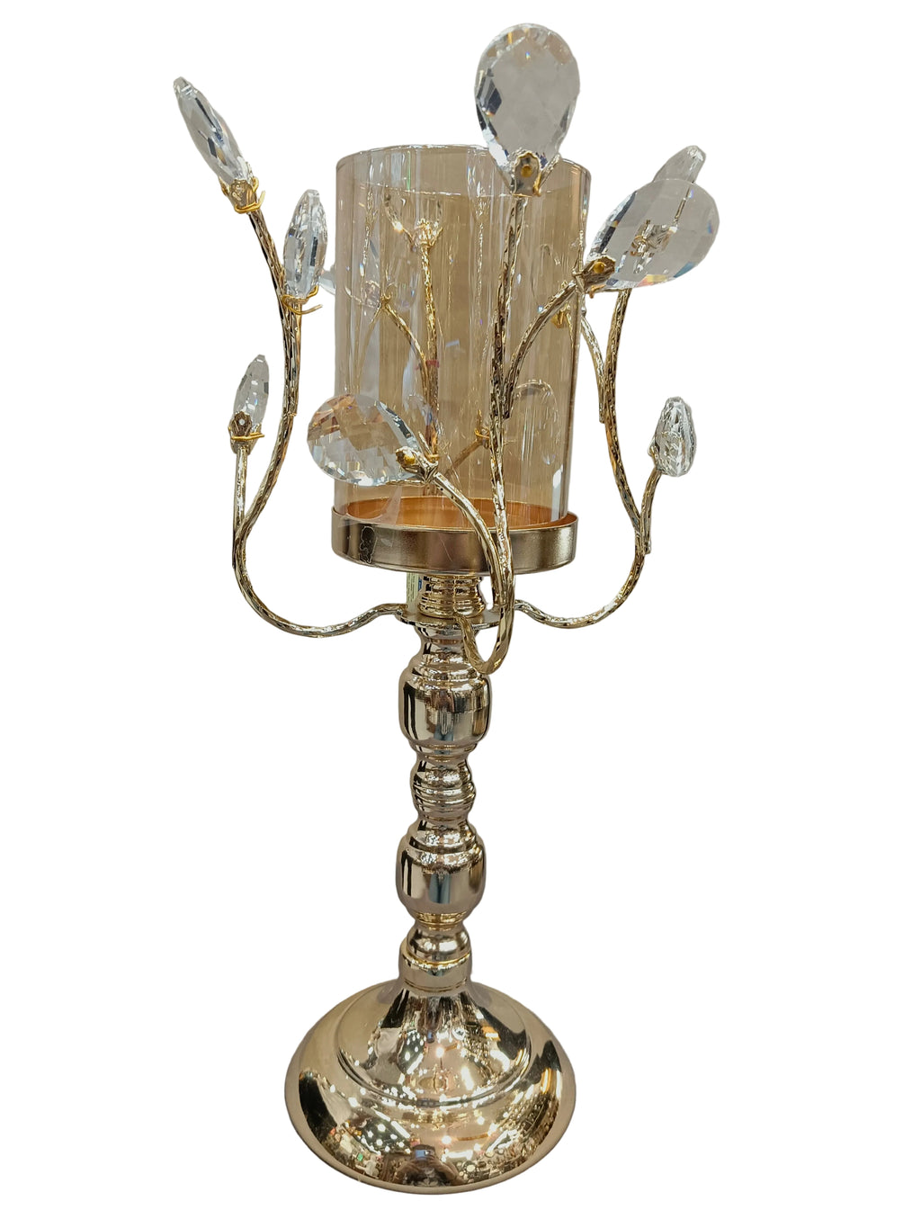 Gold Crystal Branch Pillar Candle Stand with Glass Hurricane
