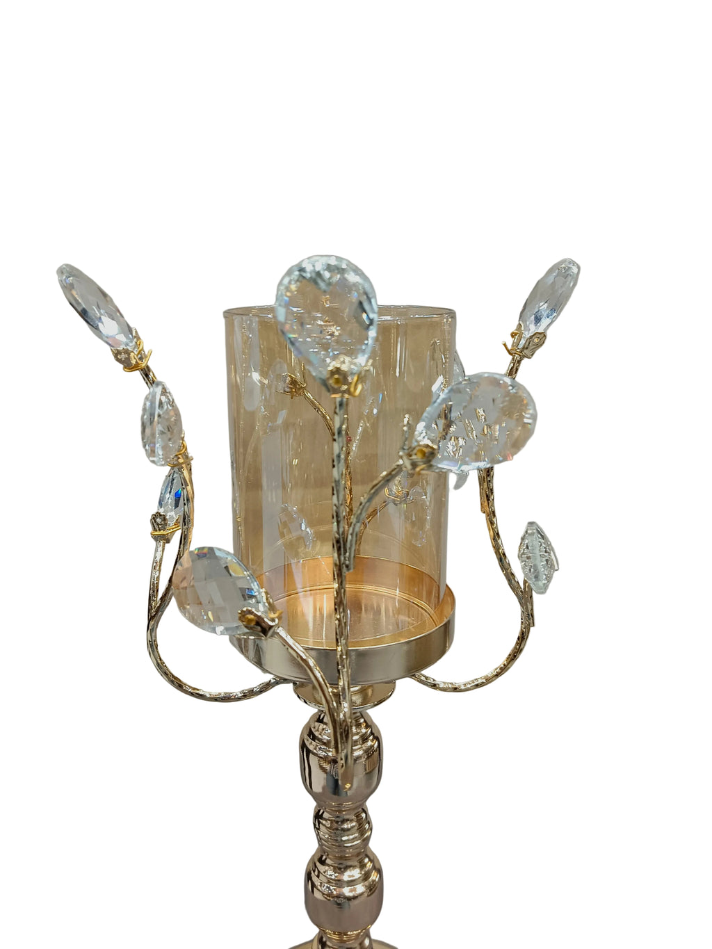 Gold Crystal Branch Pillar Candle Stand with Glass Hurricane