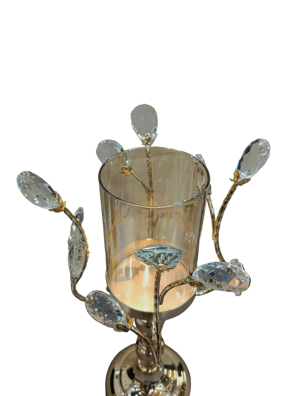 Gold Crystal Branch Pillar Candle Stand with Glass Hurricane